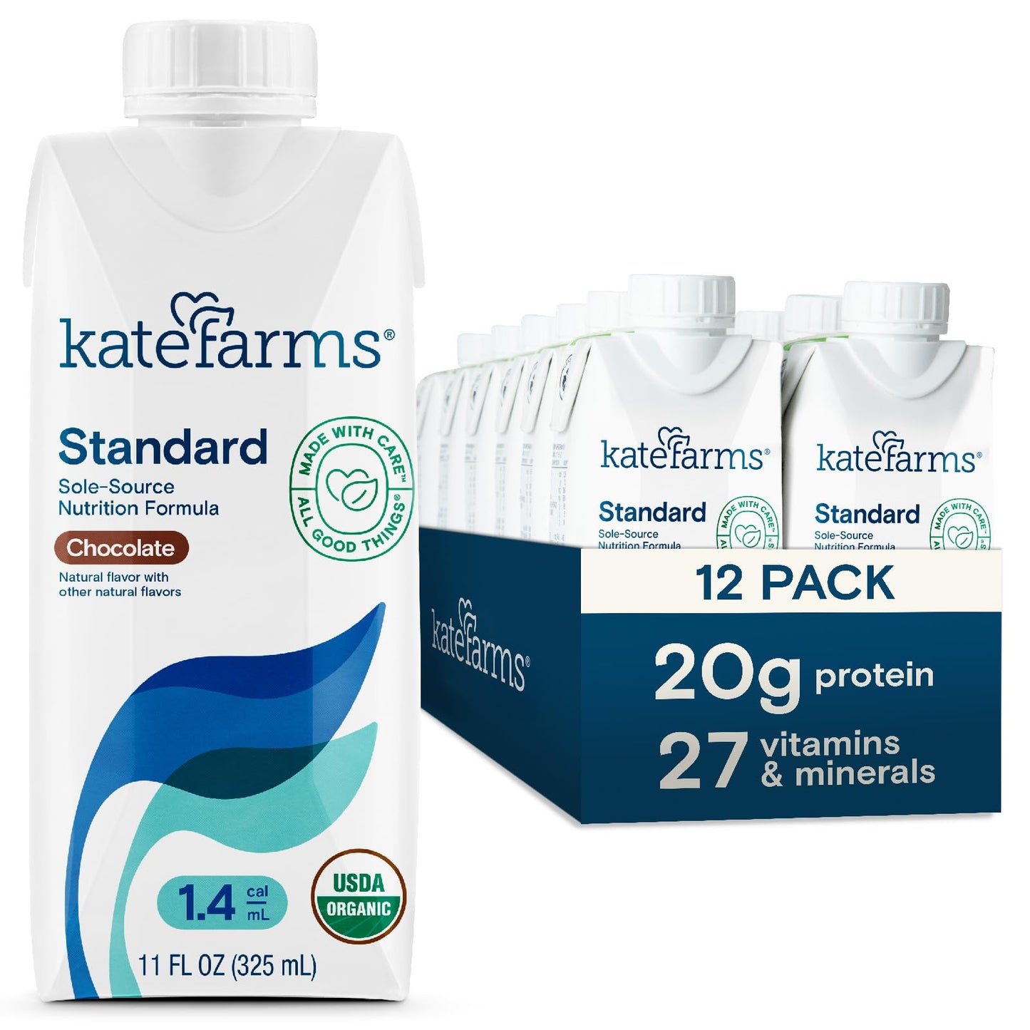 Kate Farms Organic 1.4 High Calorie Nutrition Shake, Chocolate, 20G Protein, 27 Vitamins And Minerals, Meal Replacement, 11 Oz (
