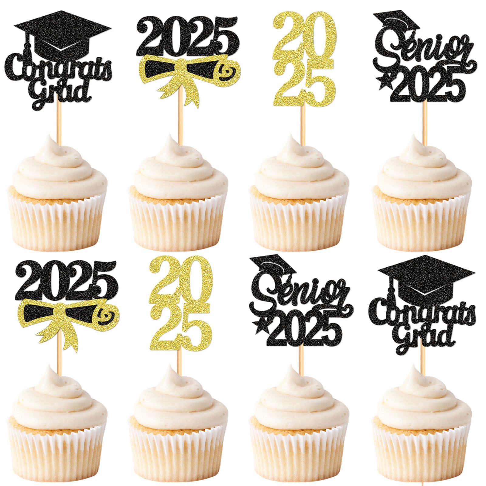 Keaziu Graduation Cupcake Toppers - 24 Pack, Senior Gold, Graduation Hat Picks for 2025 Graduation Theme Party Decorations