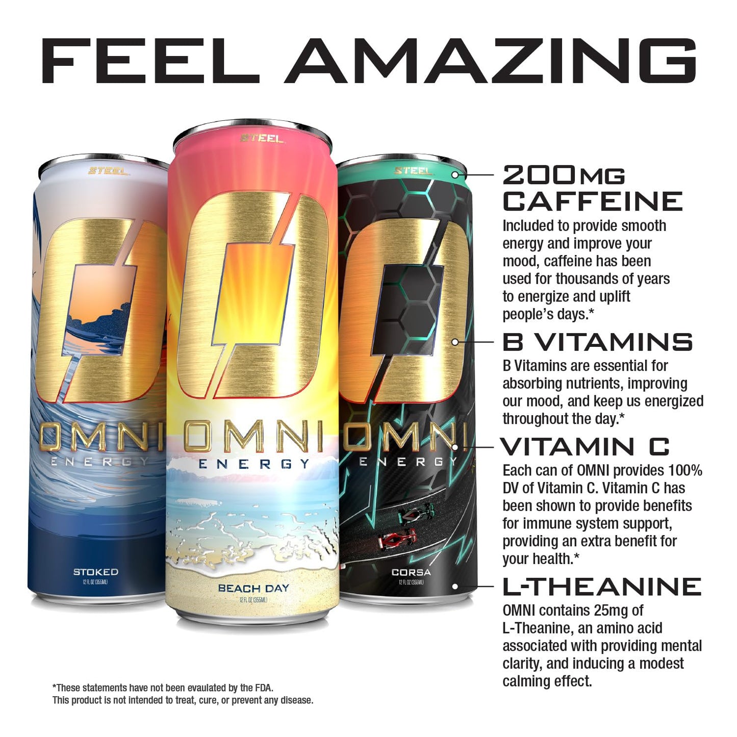 Steel dietary products OMNI Energy Drink Variety Pack of 3 | 200mg Caffeine, B Vitamins | Sugar-Free, Low Calorie, 12 Oz
