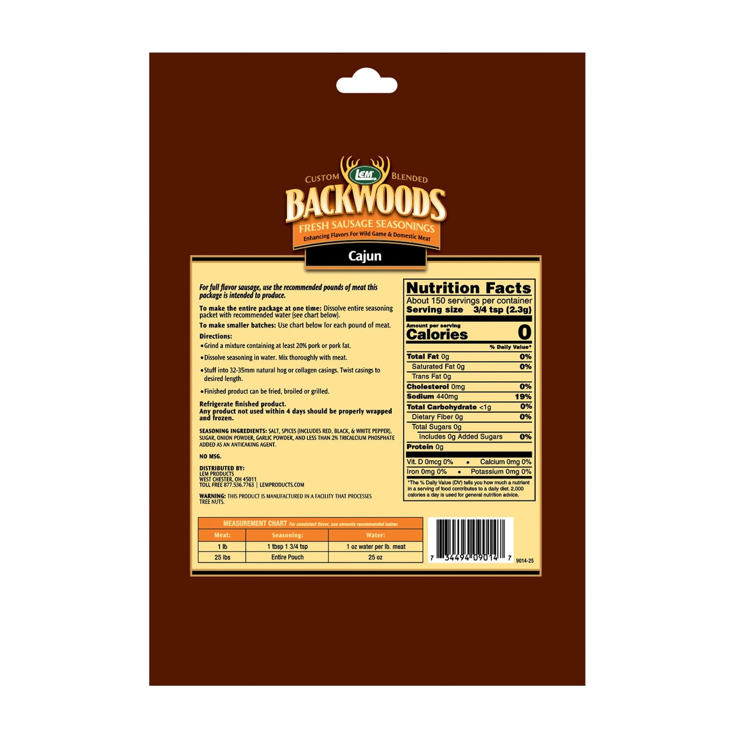 LEM Backwoods Cajun Sausage Seasoning, Ideal for Meat, 12 Ounce Packet, Model 9014