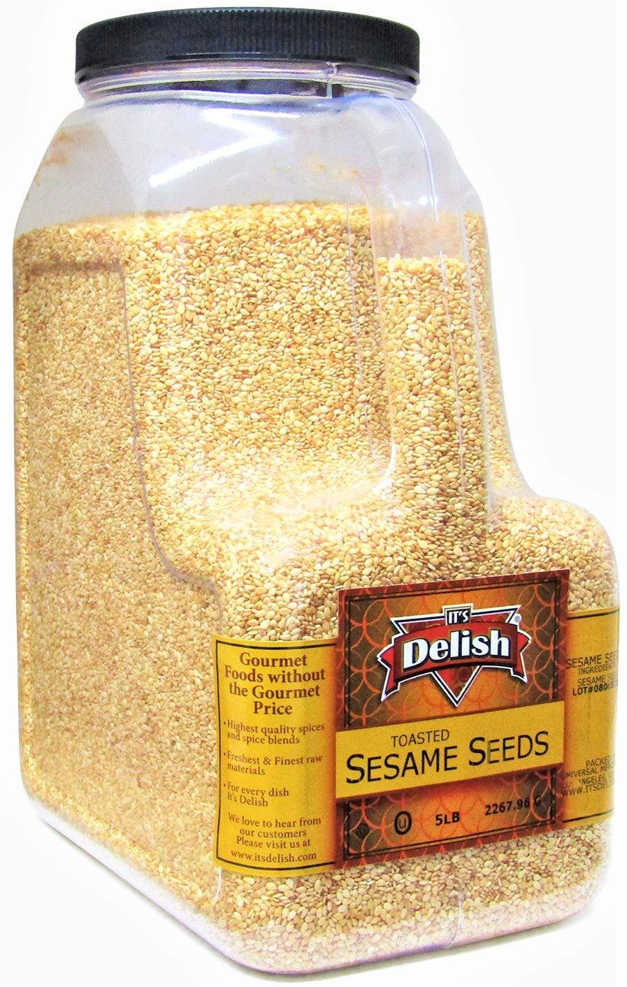 Gourmet Toasted Whole Sesame Seeds by It's Delish - 5 LB Gallon Size Container Jug with Handle - Natural Gluten-Free Fresh Oven 