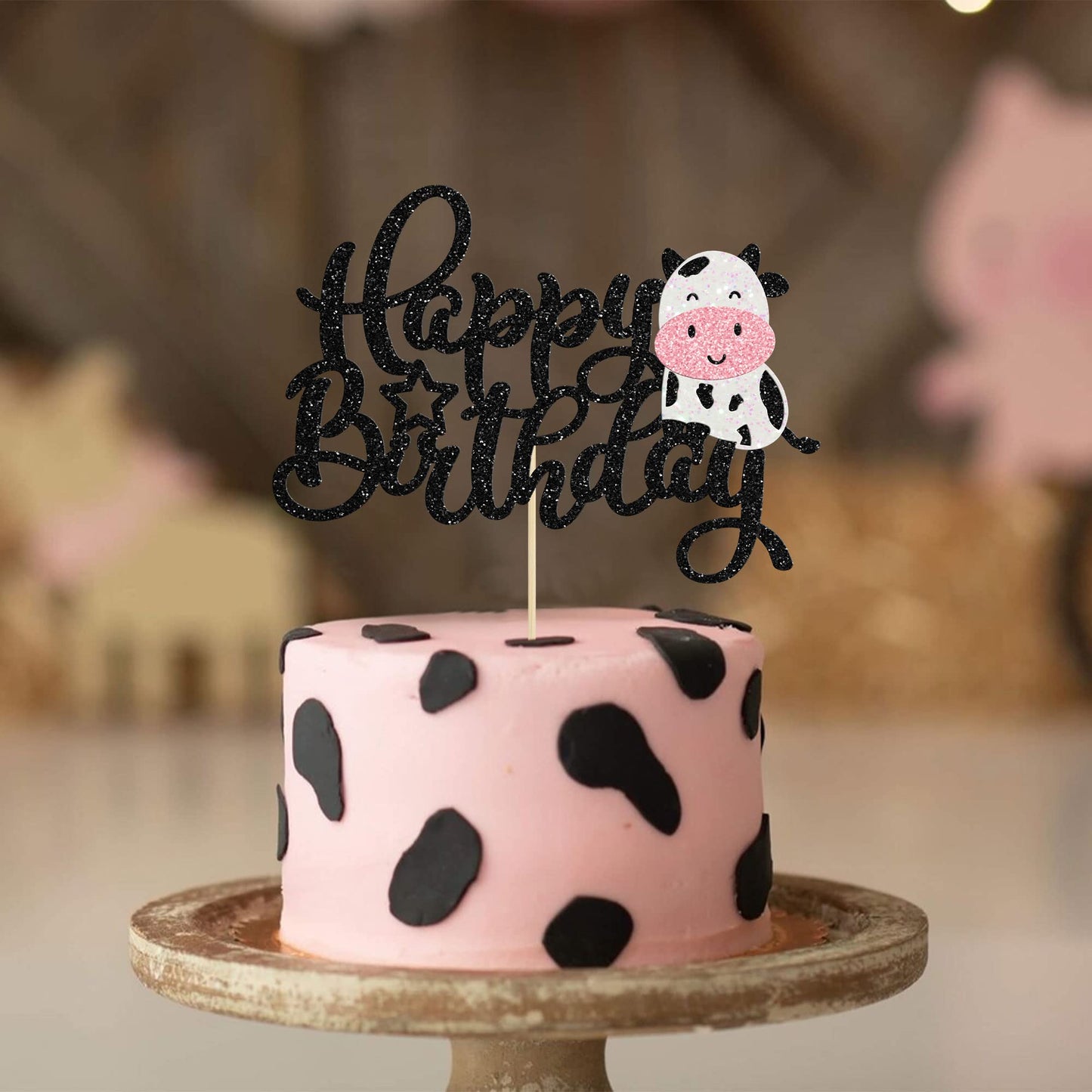 Gyufise 1Pc Cow Happy Birthday Cake Topper Glitter Farm Animals Theme Birthday Cow Cake Decoration For Cow Theme Baby Shower Kid