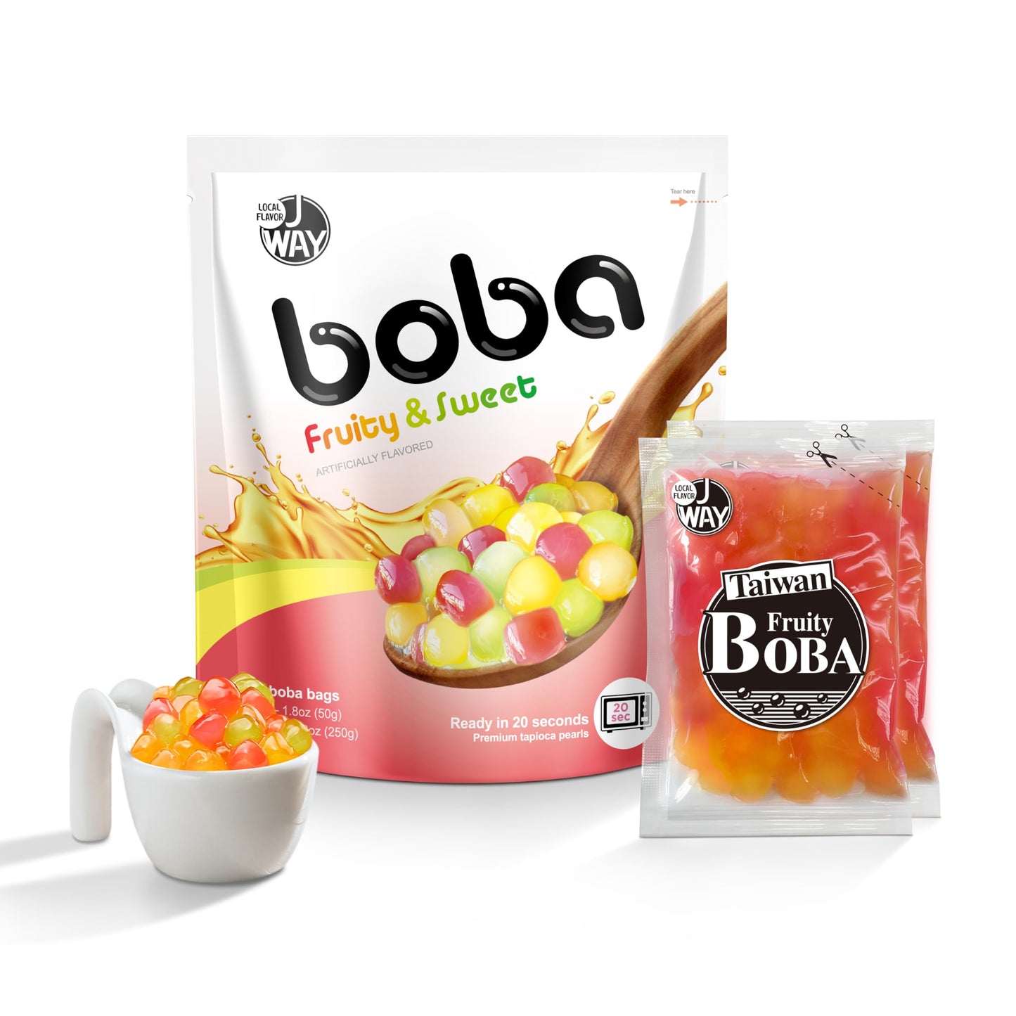 J WAY BOBA Authentic Instant Tapioca Pearls for Milk Tea & Desserts, Tropical Fruit Flavor, 5 Count