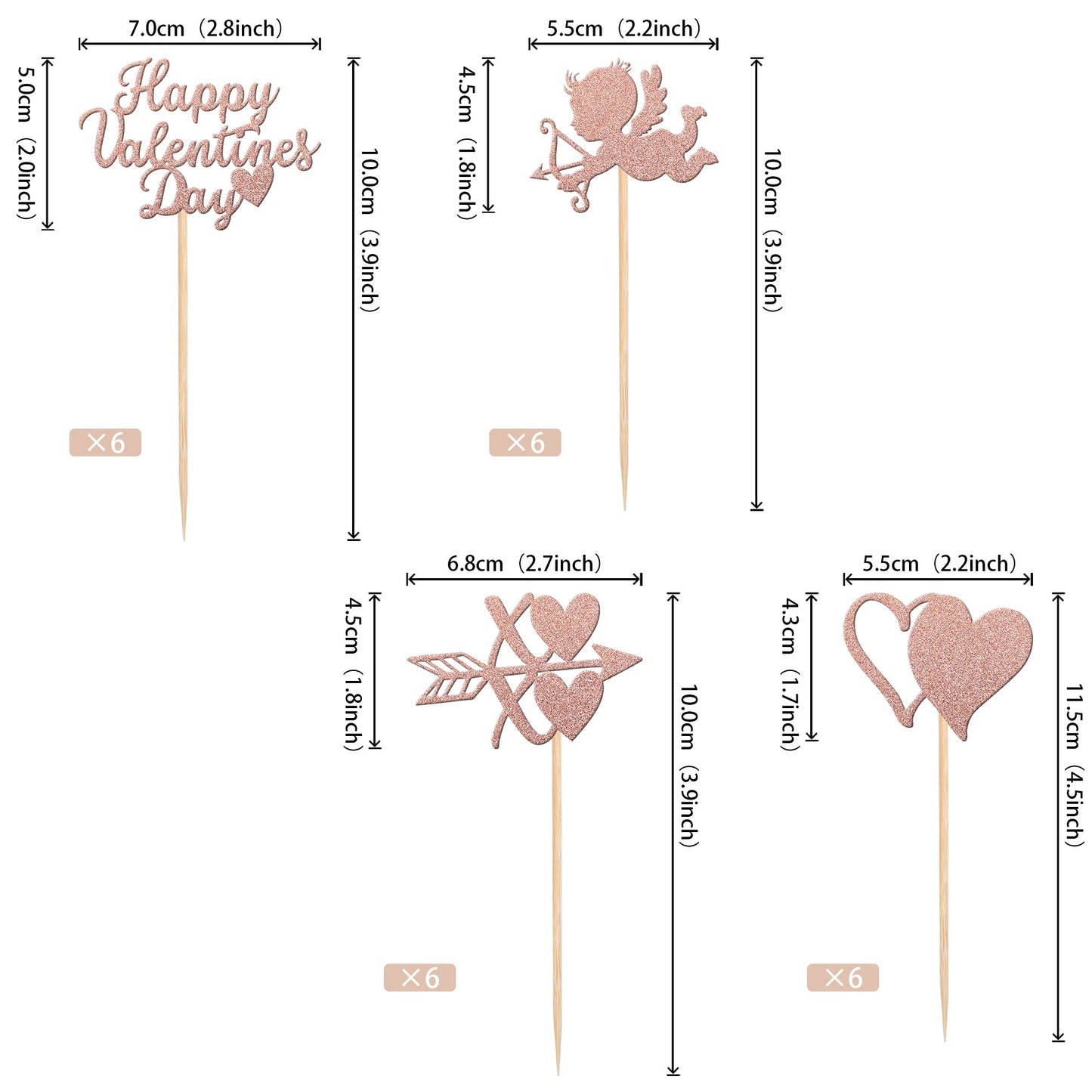 ZHUOWEISM 24 PCS Cupcake Toppers - Rose Gold Glitter Heart Picks for Valentines Day, Weddings, and Showers