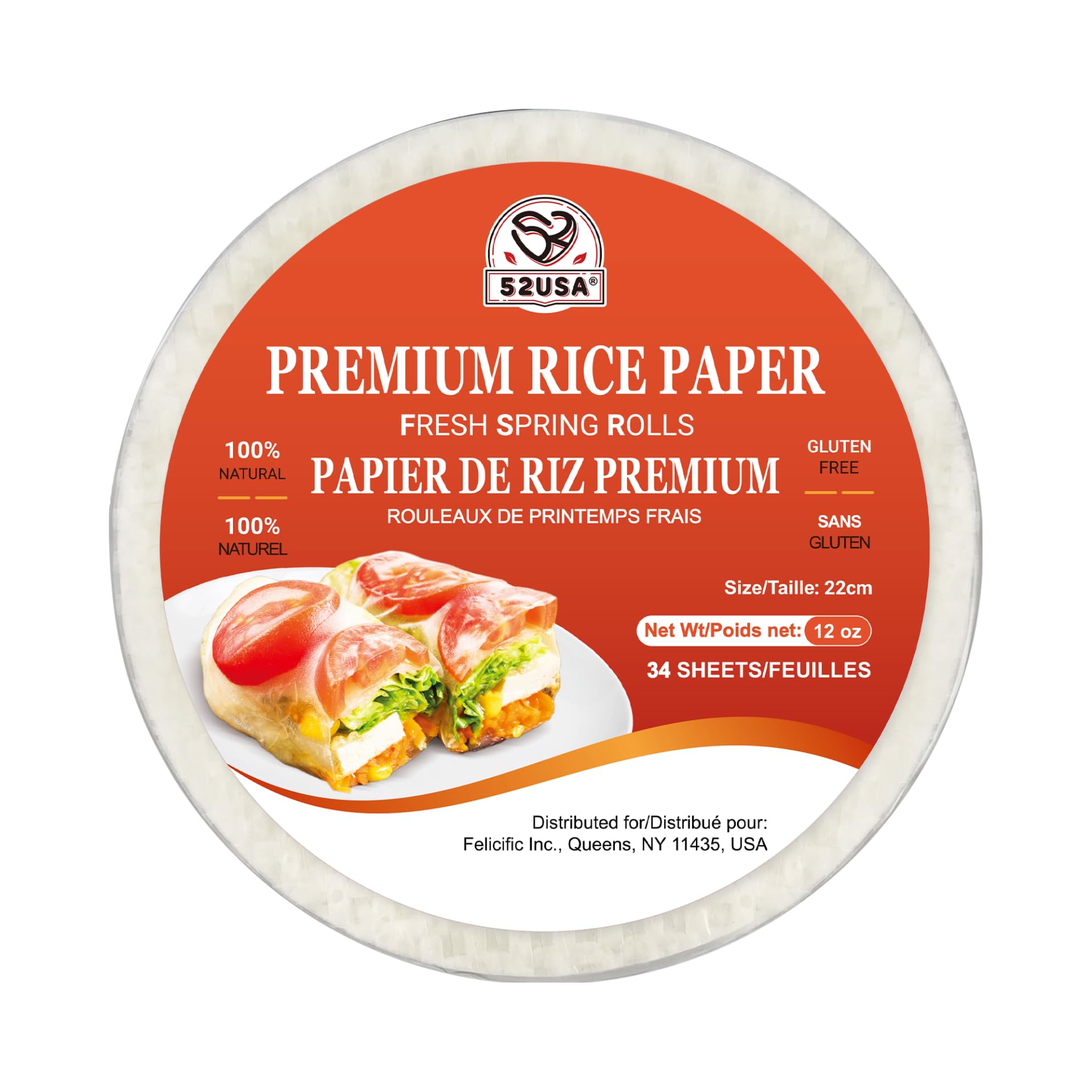 52USA Rice Paper Wrappers, Gluten-Free, Vegan, Low Carb, 34 Sheets, 22cm Round, Fresh Spring Roll & Dumpling Wrappers