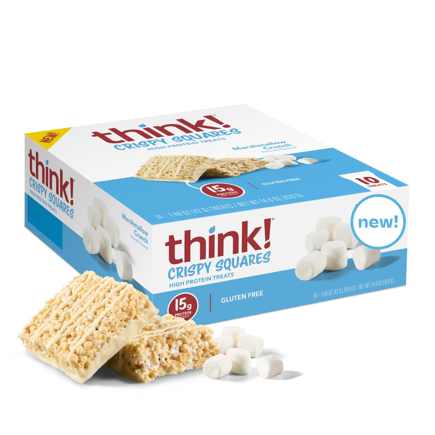 think! High Protein Crispy Squares Marshmallow Crunch Treats, 10 Count Pack