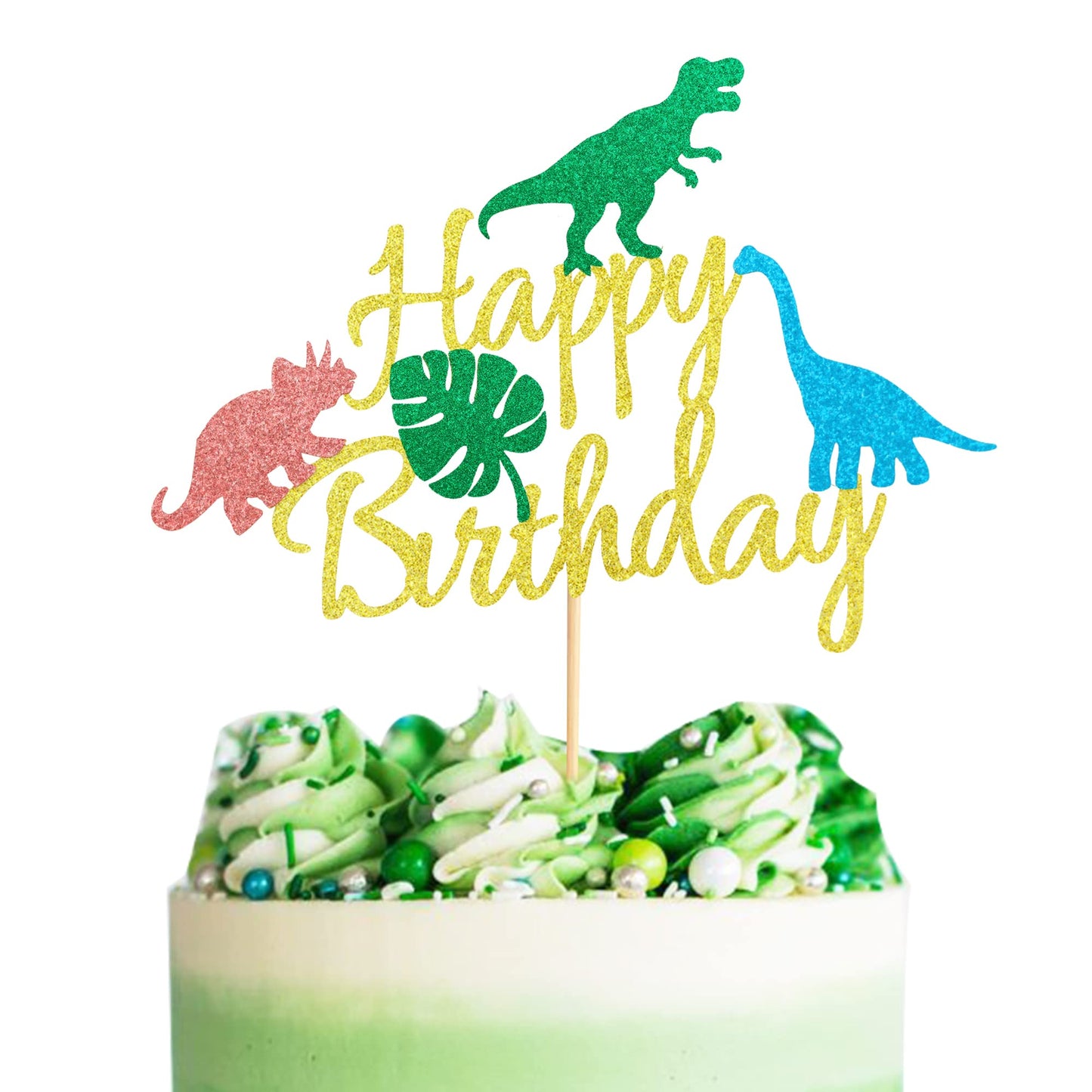 Arthsdite Dinosaur Happy Birthday Cake Topper With Leaves Dinsaurs Birthday Roar Cake Pick For Dino Theme Baby Shower Kids Boys 