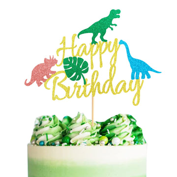 Arthsdite Dinosaur Happy Birthday Cake Topper With Leaves Dinsaurs Birthday Roar Cake Pick For Dino Theme Baby Shower Kids Boys 