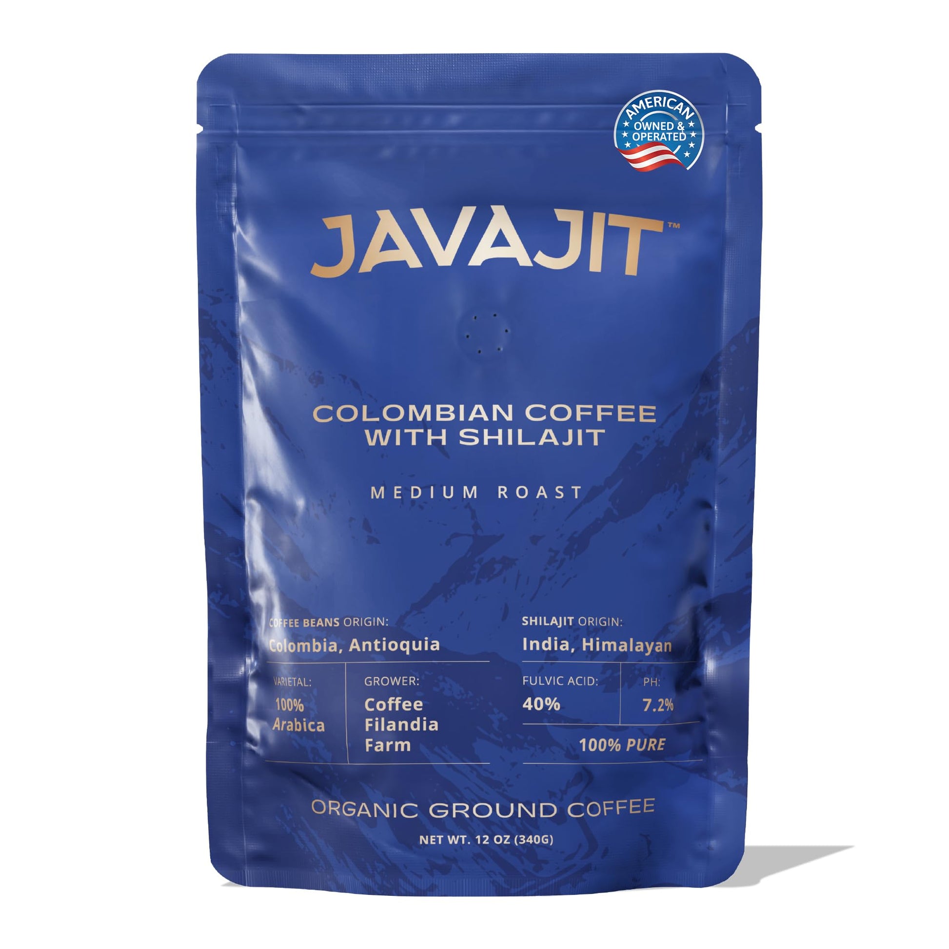 Javajit Shilajit Infused Organic Coffee - Colombian Medium Roast, 12 oz, Brown, 250mg Shilajit per Serving, 16 Servings