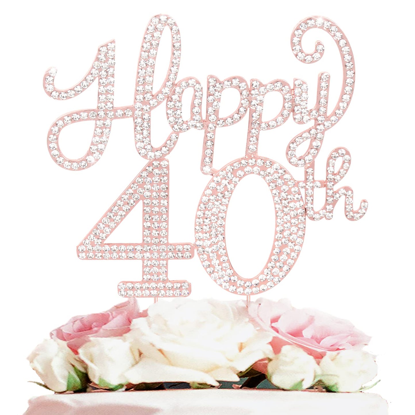 Happy 40Th Birthday Rose Gold Rhinestone Cake Topper - 40Th Birthdayanniversary,Cheers To Forty Years Old Bday Party Metal Spark