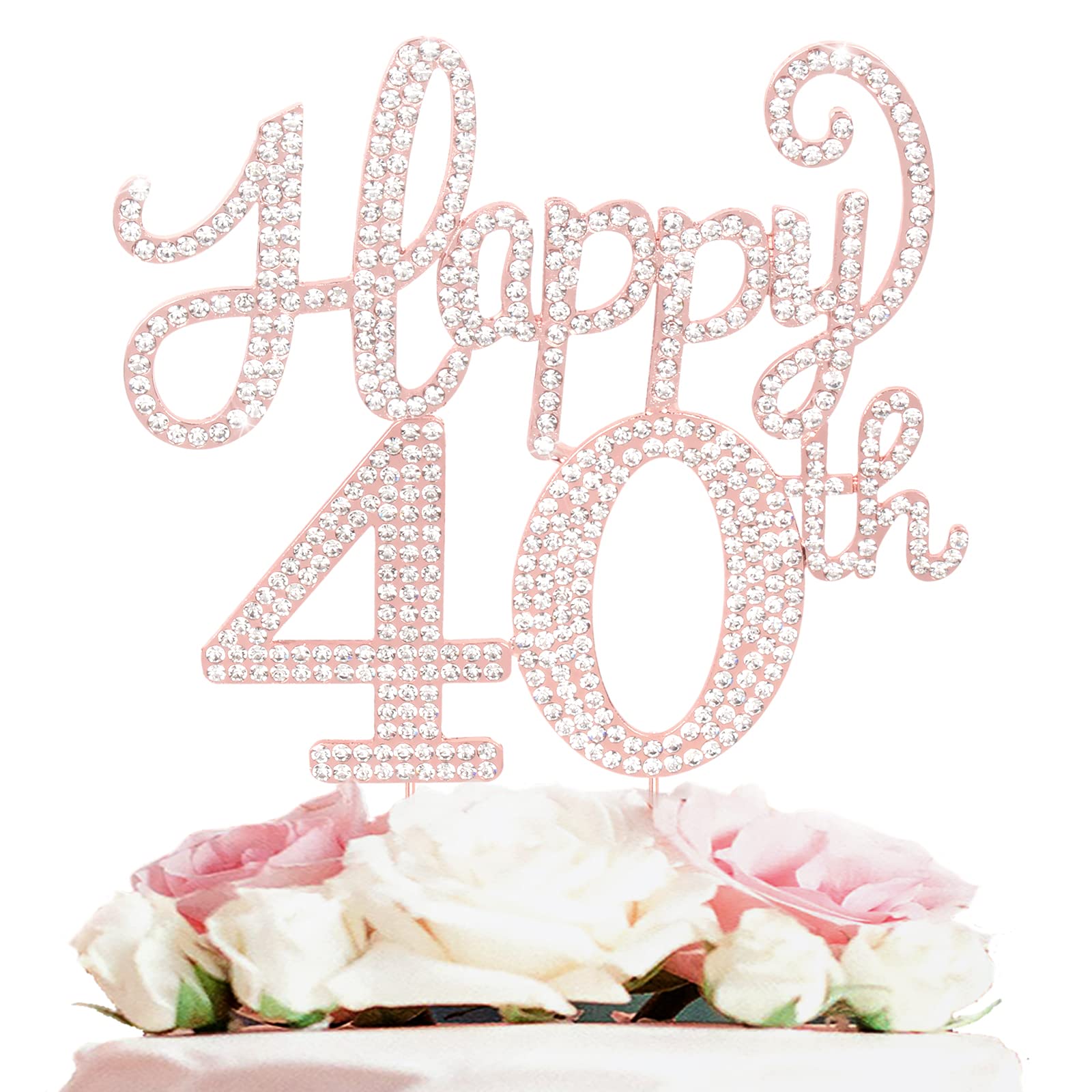 Happy 40Th Birthday Rose Gold Rhinestone Cake Topper - 40Th Birthdayanniversary,Cheers To Forty Years Old Bday Party Metal Spark