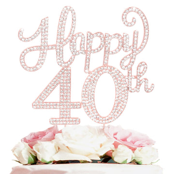 Happy 40Th Birthday Rose Gold Rhinestone Cake Topper - 40Th Birthdayanniversary,Cheers To Forty Years Old Bday Party Metal Spark