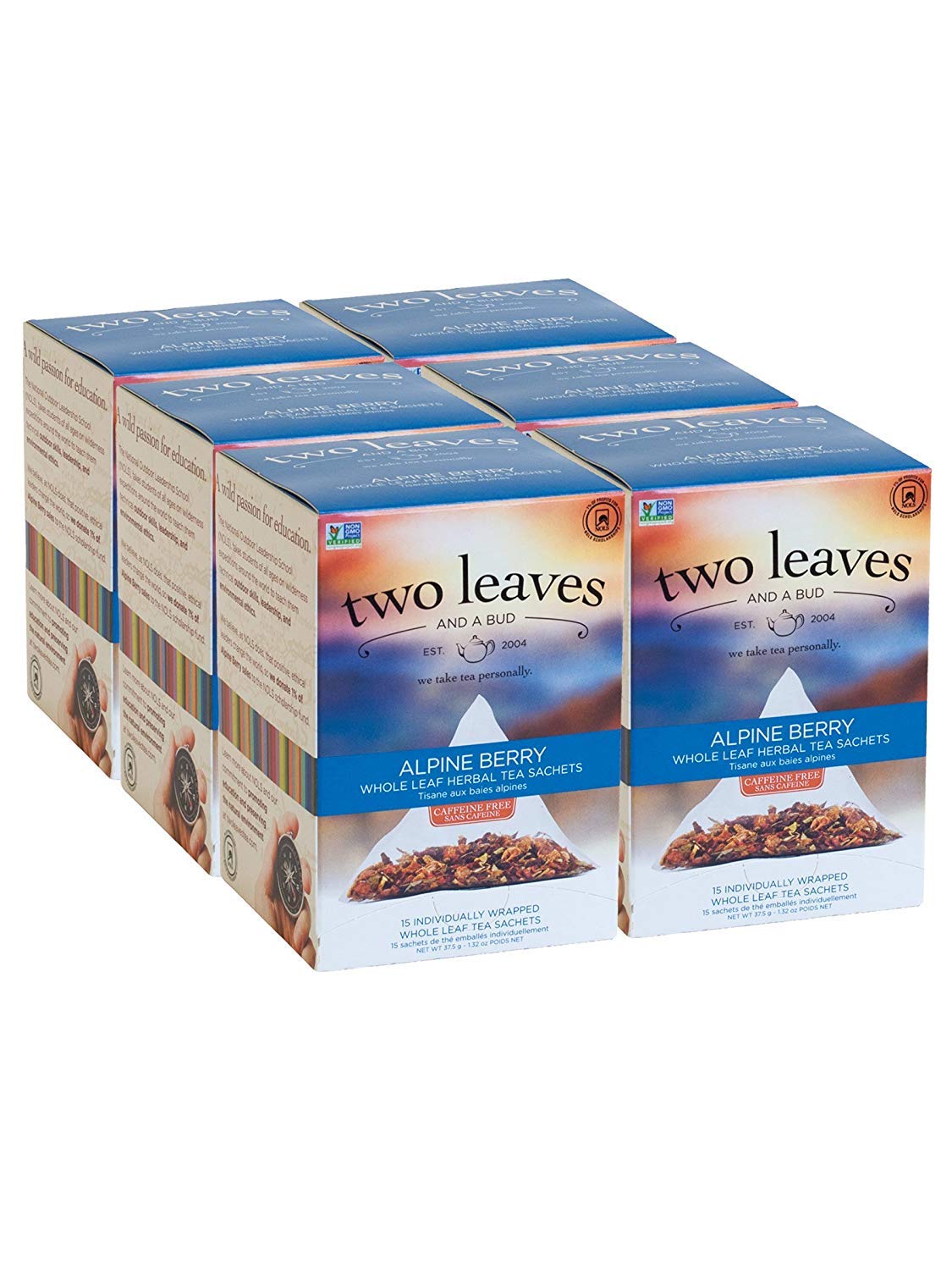 Two Leaves and a Bud Alpine Berry Herbal Tea Bags, Naturally Caffeine Free, Whole Leaf Herbal Tea with Hibiscus in Sachets, 15 Count (Pack of 6)