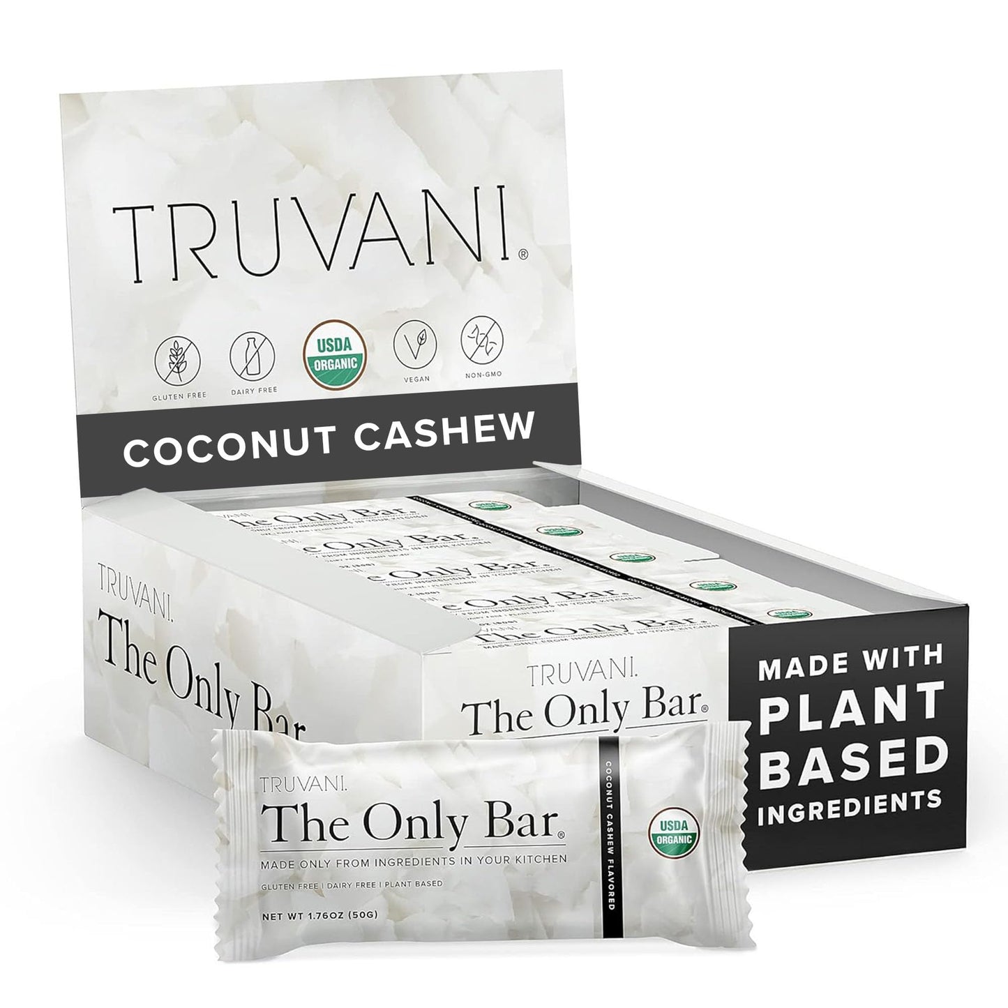 Truvani Plant Based Snack Bar | Coconut Cashew 12 Pack | 5g Protein | USDA Organic and Vegan | The Only Bar | Dairy, Soy, and Gl