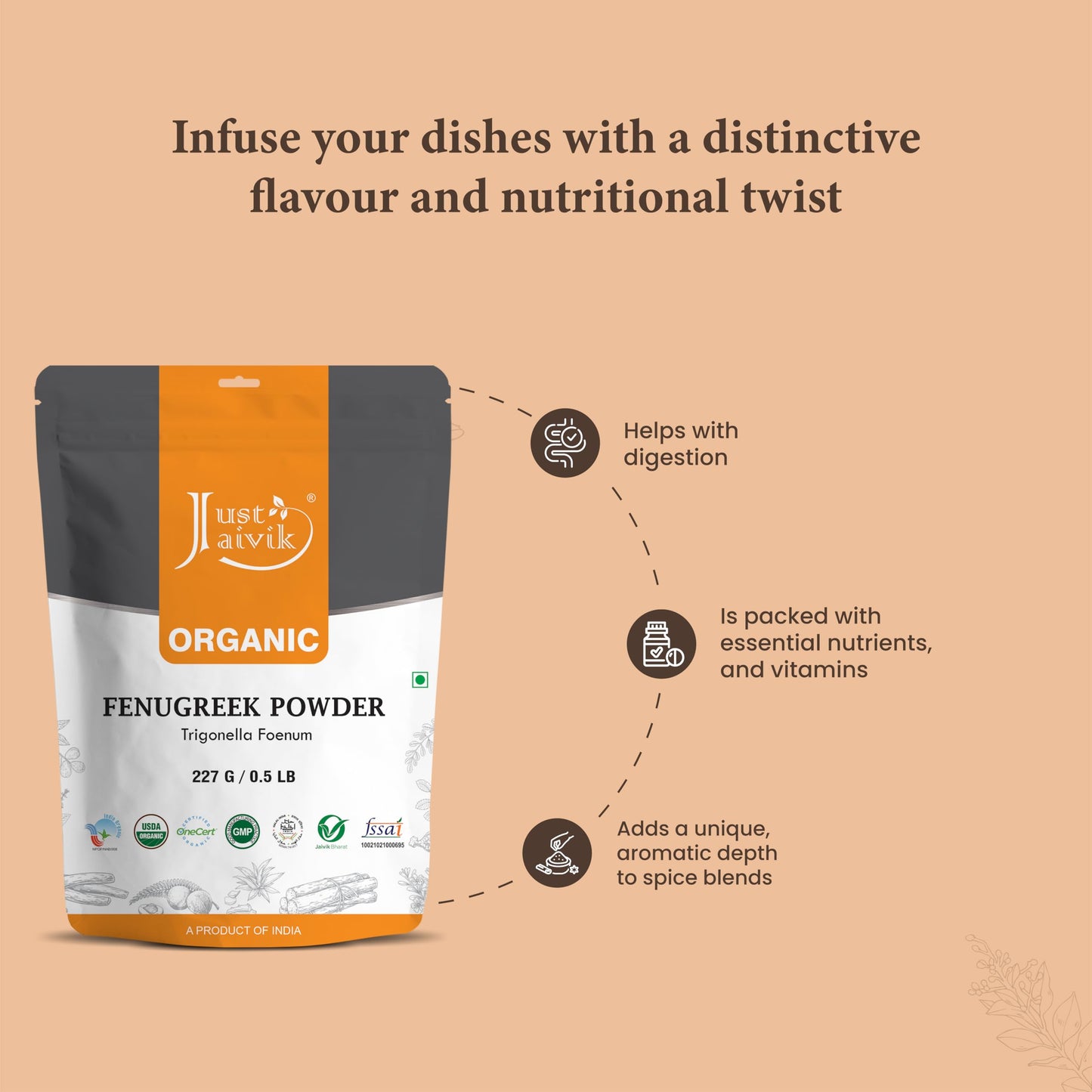 Just Jaivik Organic Fenugreek Powder, 8 oz, Cream, USDA Certified, Supports Healthy Digestion & Immunity