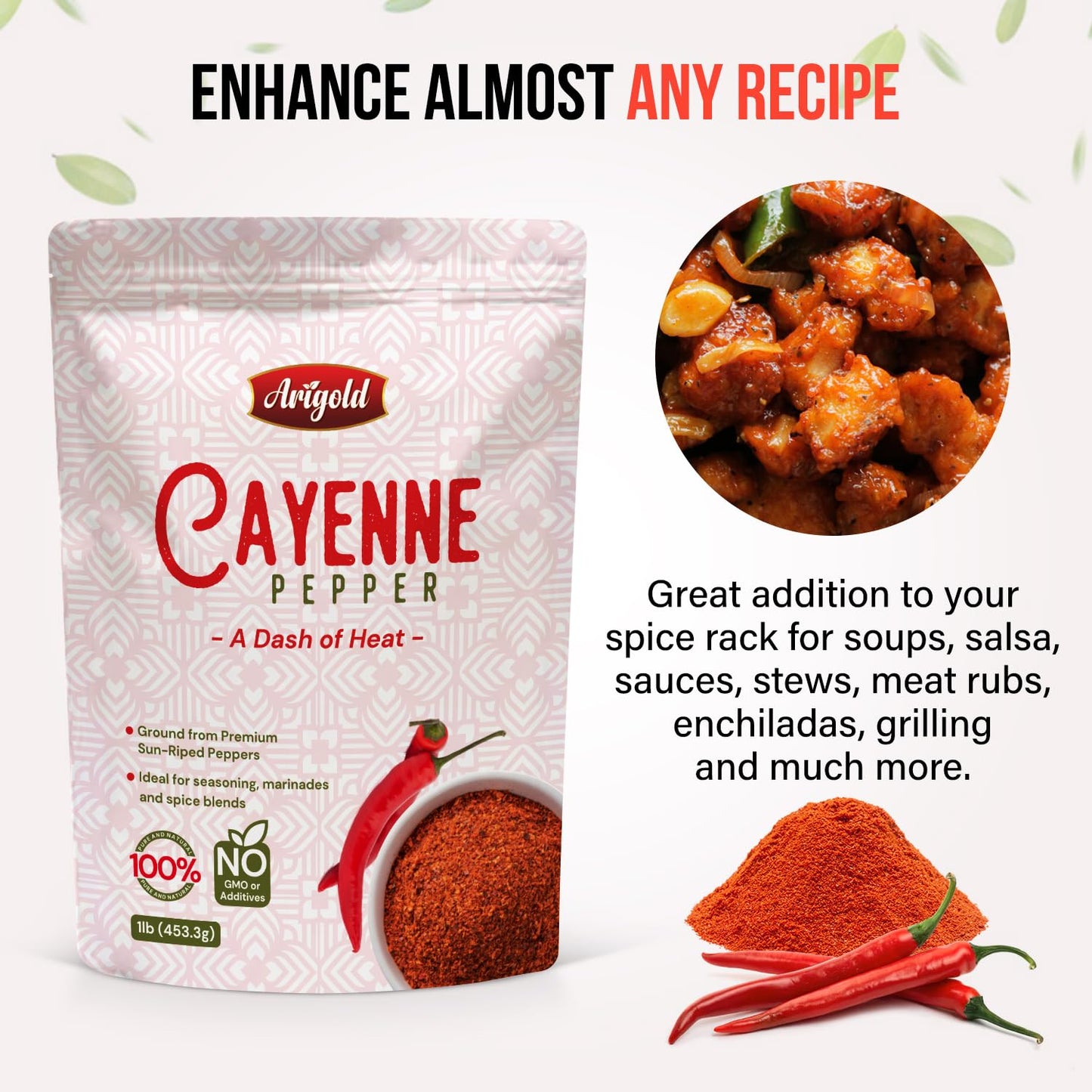 Arigold Cayenne Pepper Powder, 100% Natural, Non-GMO, Gluten-Free, 16 Ounce Resealable Bag