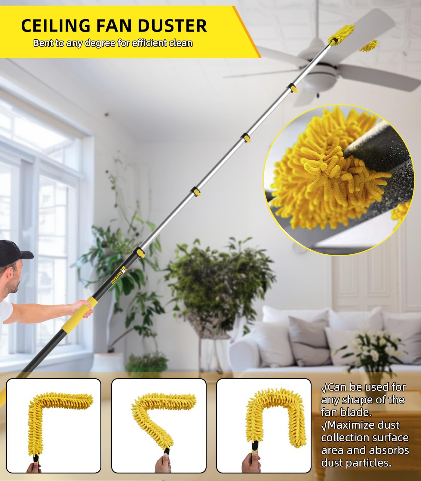 30 Foot High Reach Duster Kit With 7-24Ft Extension Pole, High Ceiling Fan Duster W/Telescopic Pole, Cobweb Duster, Feather Dust