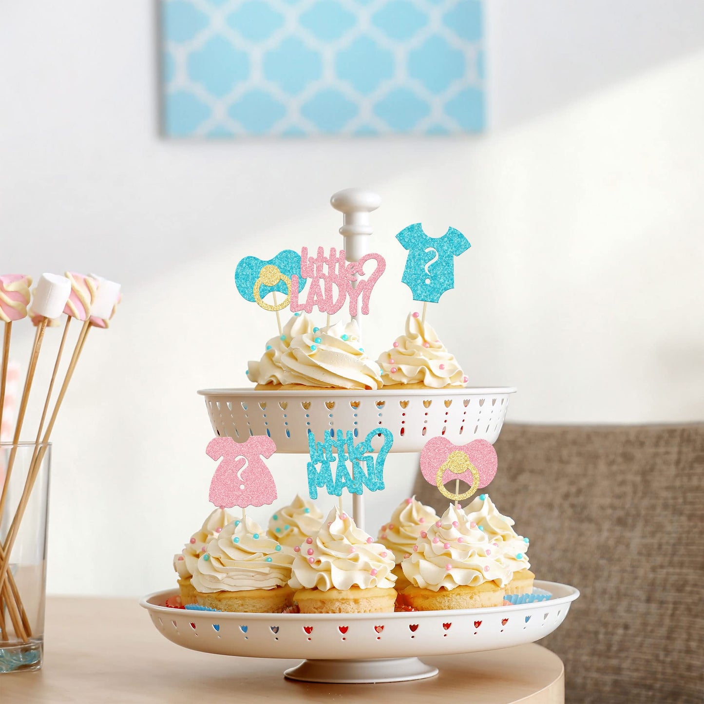 24Pcs Boy Or Girl Cupcake Toppers Glitter Gender Reveal Onesie Question Mark Cupcake Picks Little Man Or Little Lady Baby Shower