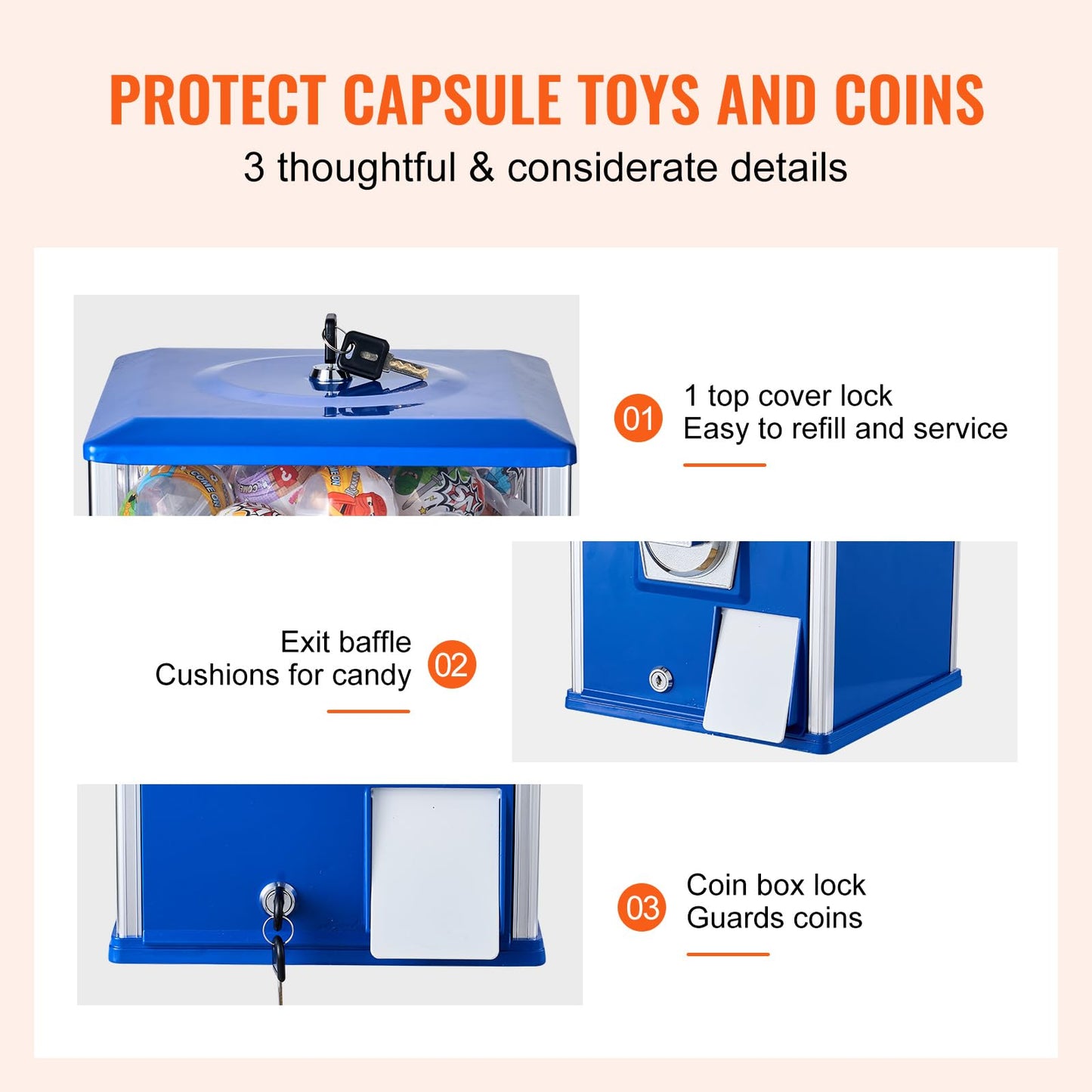 VEVOR Gumball Machine, 25 Height, Coin Operated Dispenser for 230 Capsule Toys, Blue
