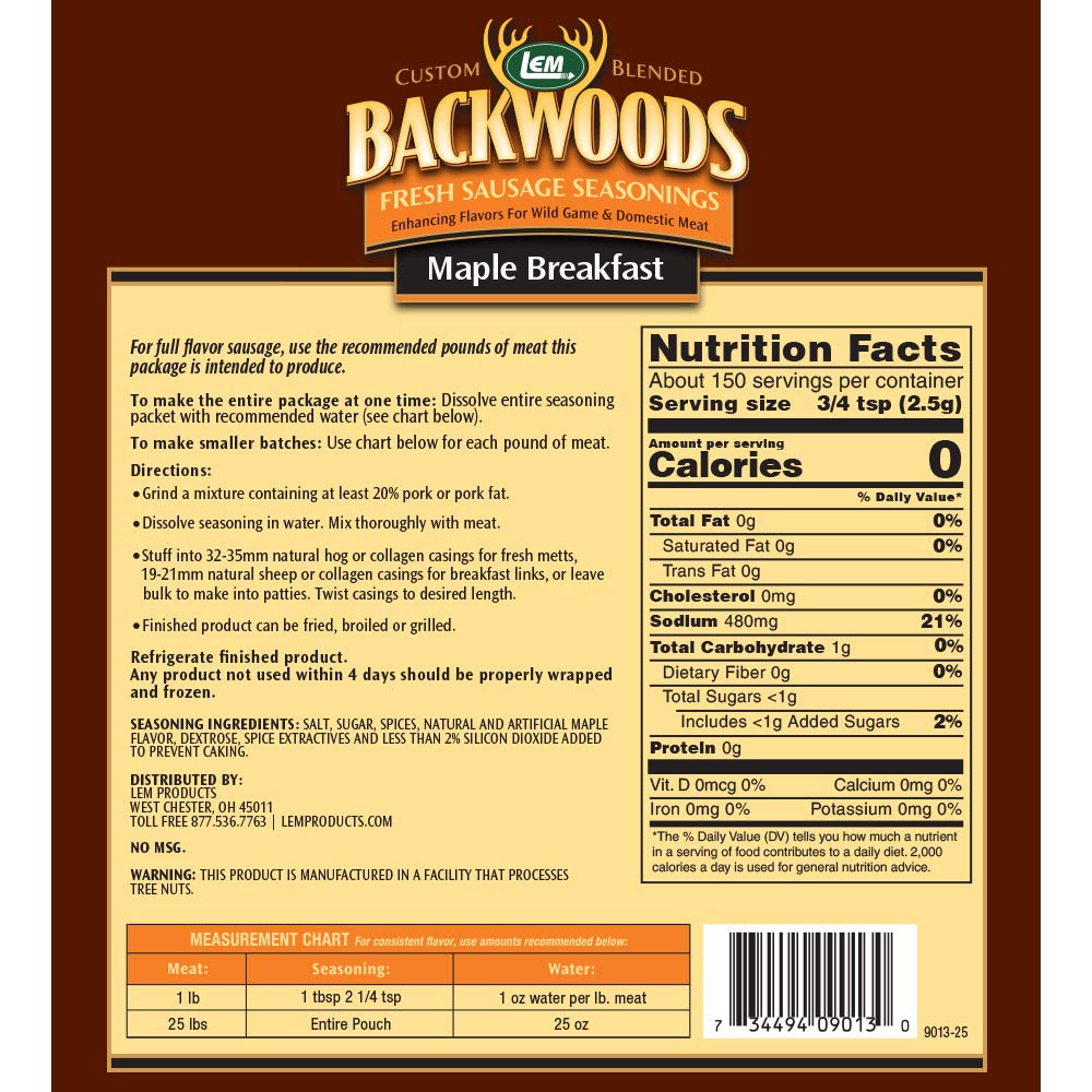 LEM Backwoods Maple Breakfast Sausage Seasoning, Seasons Up to 25 lbs, 13.5 Ounce Packet, Ideal for Wild Game and Domestic Meat