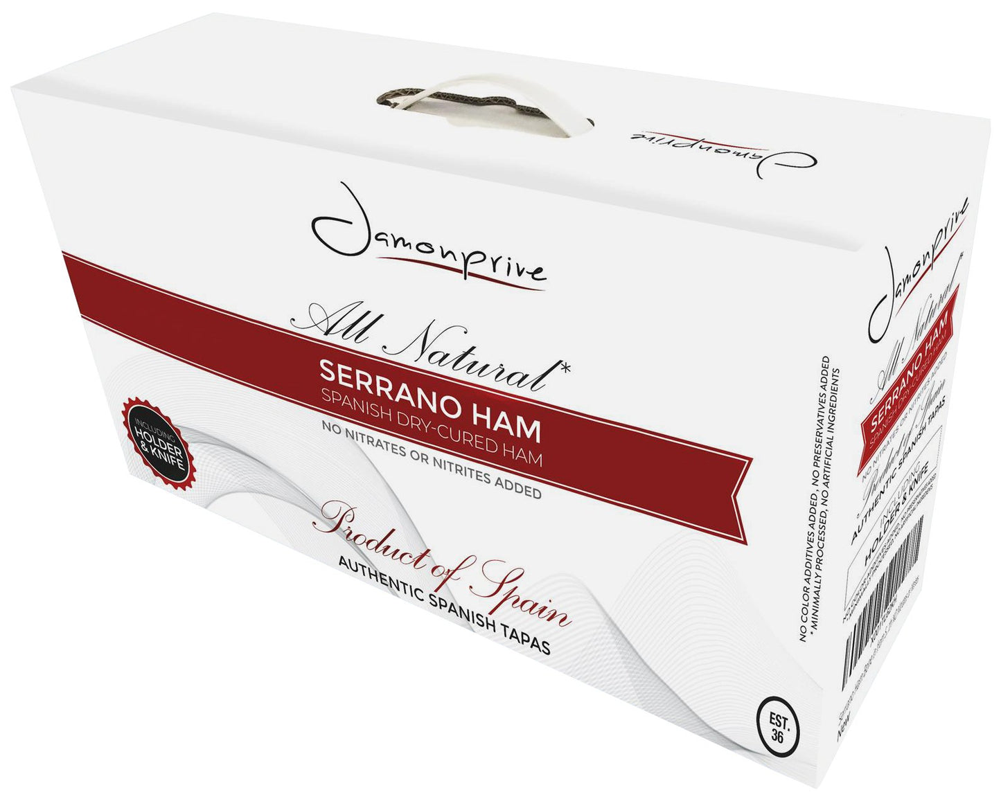 Jamonprive Spanish Serrano Ham Bone in 14-17 lb with Stand & cutting too - 3 Piece Set