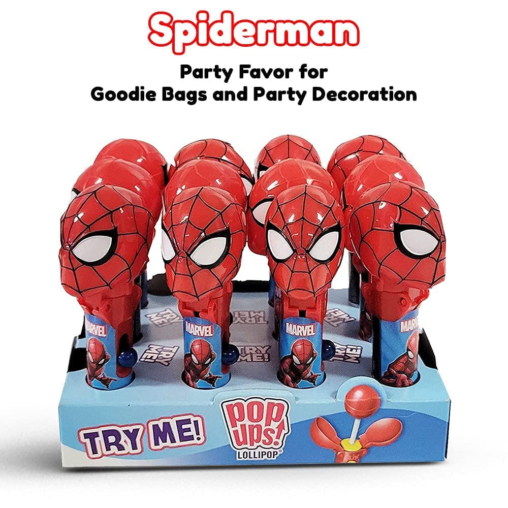 Pop Ups! Spiderman Lollipop Holder - 12 Lollipops With Cases - Individually Wrapped Candy Party Favors - Spiderman Candy - Bulk