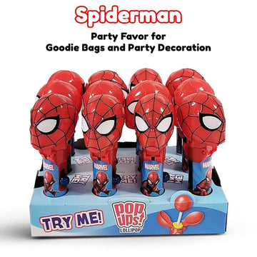 Pop Ups! Spiderman Lollipop Holder - 12 Lollipops With Cases - Individually Wrapped Candy Party Favors - Spiderman Candy - Bulk
