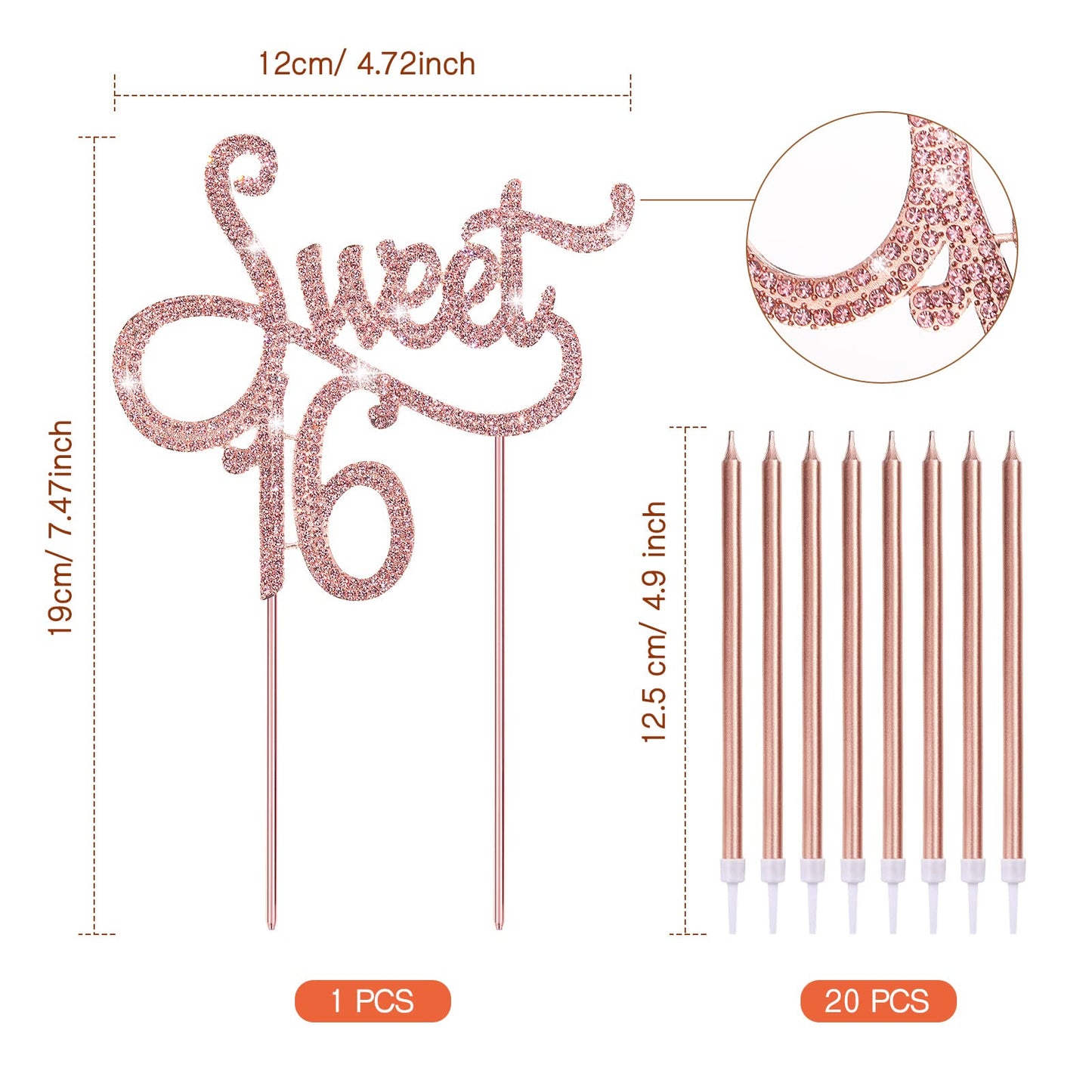 Sweet 16 Birthday Decorations Rhinestone Sweet 16 Cake Toppers, 20 Pcs Metallic Happy Birthday Candles Sweet 16 Cake Decorations