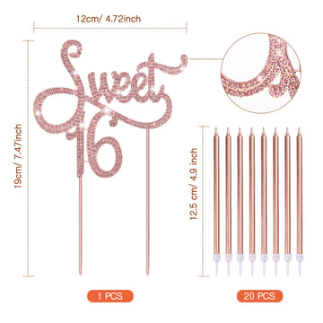 Sweet 16 Birthday Decorations Rhinestone Sweet 16 Cake Toppers, 20 Pcs Metallic Happy Birthday Candles Sweet 16 Cake Decorations