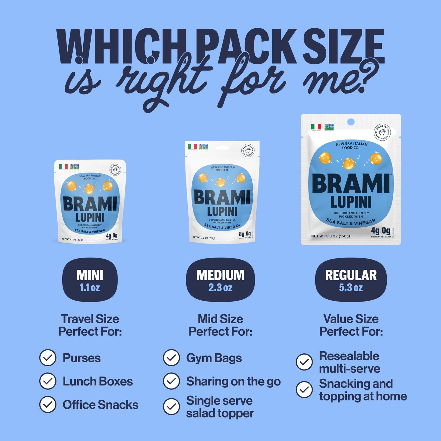 BRAMI Lupini Beans Snack Variety Pack | 7g Protein, 0g Net Carbs | 5.3 Ounce (Pack of 8) | Vegan, Keto, Plant Based