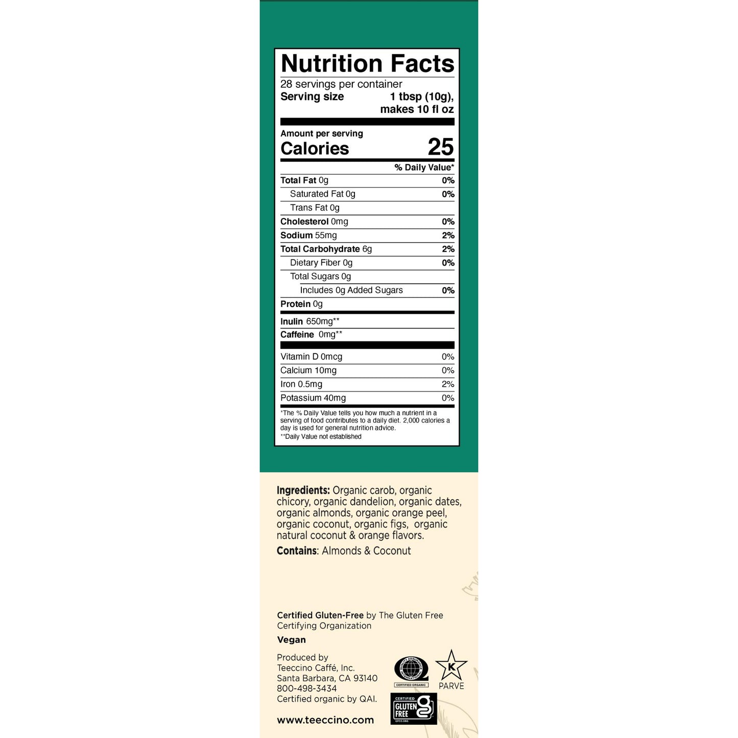 Teeccino Dandelion Coconut Herbal Coffee - Caffeine-Free, Gluten Free, Medium Roast, 10 oz