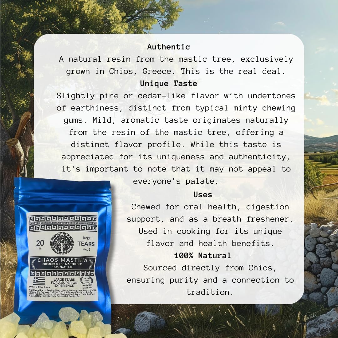 Pure Chios Mastiha Mastic Gum 20G – Chaos Mastiha Large Greek Resin Tears For Jaw Strength & Chewing – Natural, Sugar-Free, Calorie-Free, Long-Lasting Alternative To Jaw Exercisers & Gum