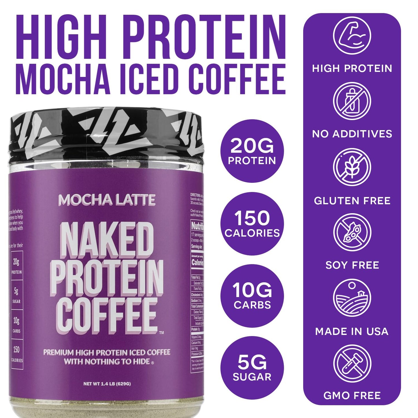 Naked Nutrition Mocha Latte Protein Coffee - Instant Protein Shake, Gluten Free, 17 Servings