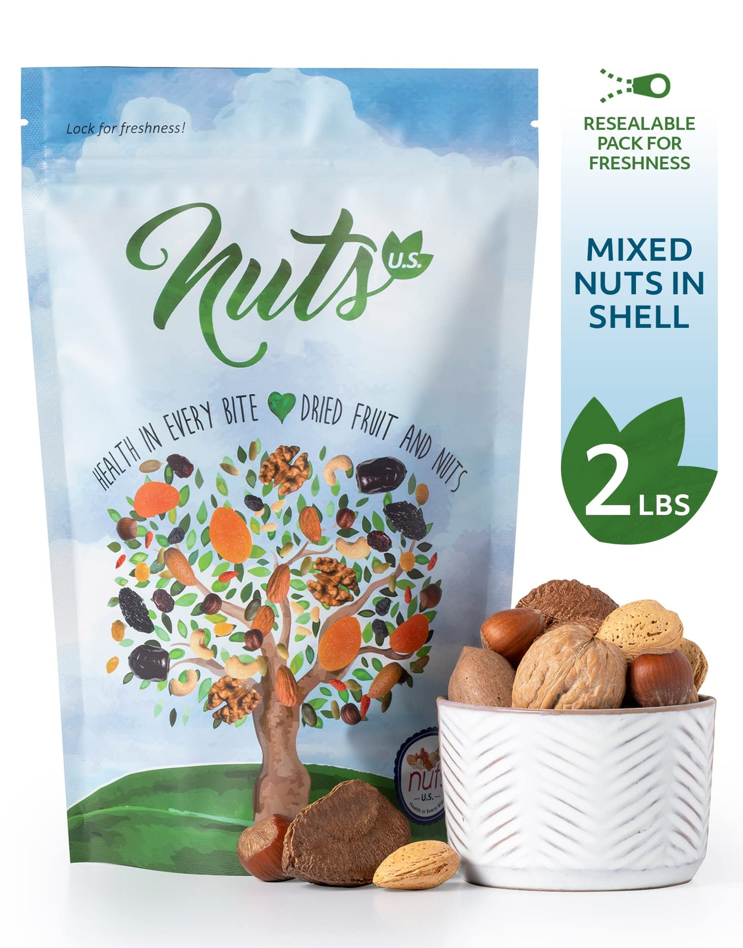 NUTS - U.S. Mixed Nuts In Shell, Almonds, Walnuts, Hazelnuts, Pecans, Brazil Nuts, 2 lbs, No Added Colors, Resealable Bag