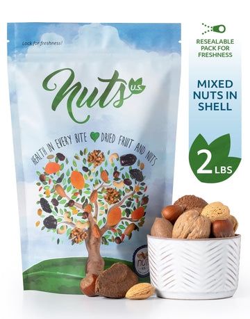 NUTS - U.S. Mixed Nuts In Shell, Almonds, Walnuts, Hazelnuts, Pecans, Brazil Nuts, 2 lbs, No Added Colors, Resealable Bag