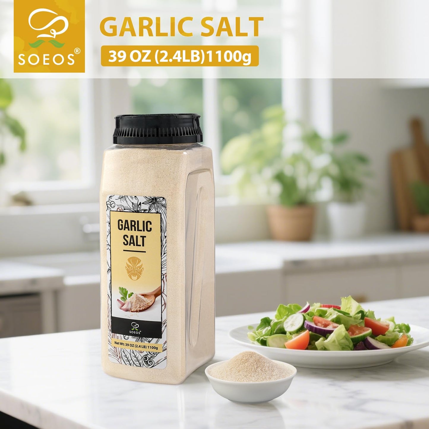 Soeos Garlic Salt 38.8 Ounce(1.1 kg)  Bulk Garlic Salt Seasoning  Non GMO  Gluten Free  Ideal for Adding Flavor to Soups  Breads  Vegetables  Meats and More