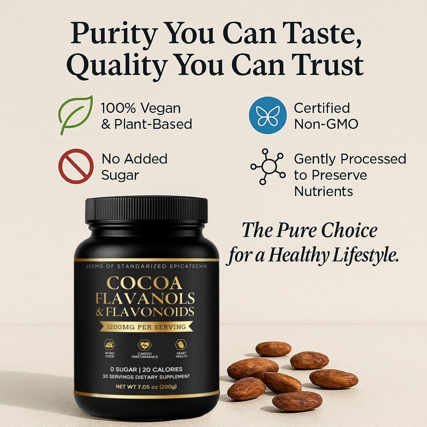 High-Flavanol Cocoa Powder dietary product -Rich in Natural Cocoa Flavonoids & Epicatechin Blend  Vegan  Non-GMO  No Sugar Added  Supports Daily Vitality & Heart Health  7.05 oz