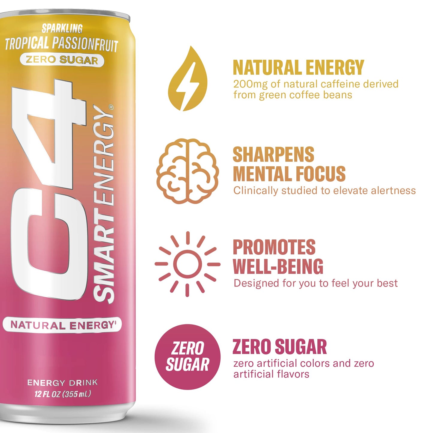 Cellucor C4 Smart Energy Drink - Sugar Free Nootropic, Tropical Passionfruit, 12 Fl Oz (Pack of 12), Model 7070019