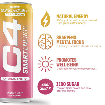 Cellucor C4 Smart Energy Drink - Sugar Free Nootropic, Tropical Passionfruit, 12 Fl Oz (Pack of 12), Model 7070019