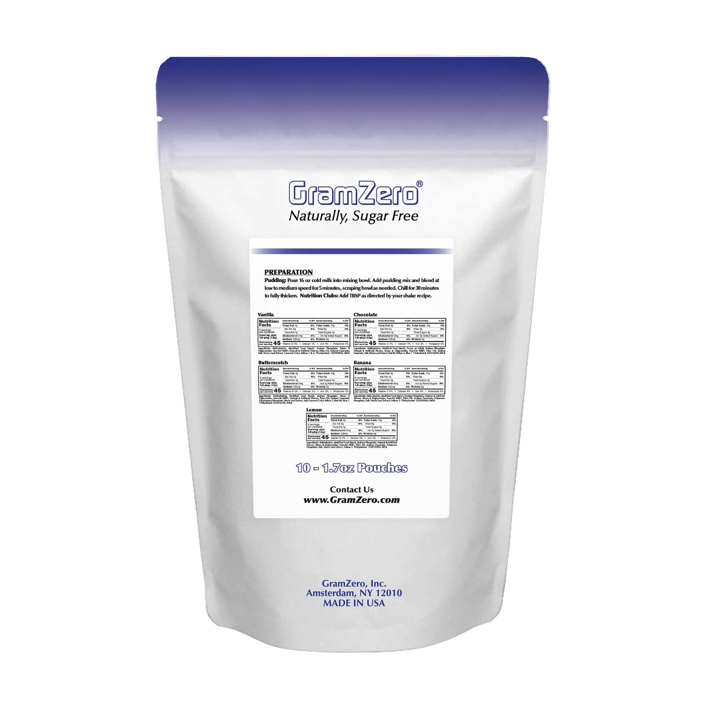 Gramzero Variety (Vanilla, Chocolate, Butterscotch, Banana, Lemon) Sugar Free Pudding Mix Variety 10-Pack, Great For Nutrition C