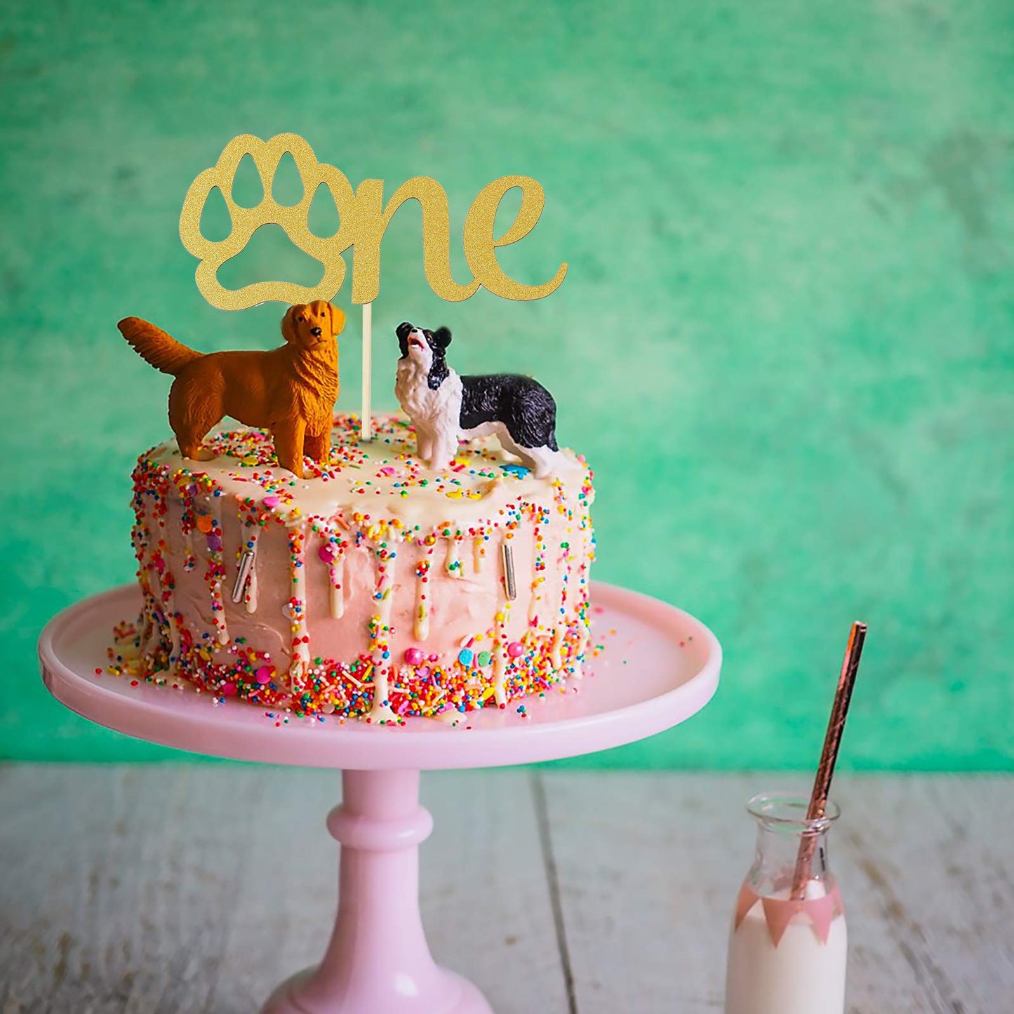 Gold Paw One Cake Topper - Golden Glitter Cardstock 1st Birthday Cake Smash Party Decoration Supplies for Baby, Single Sided Dog