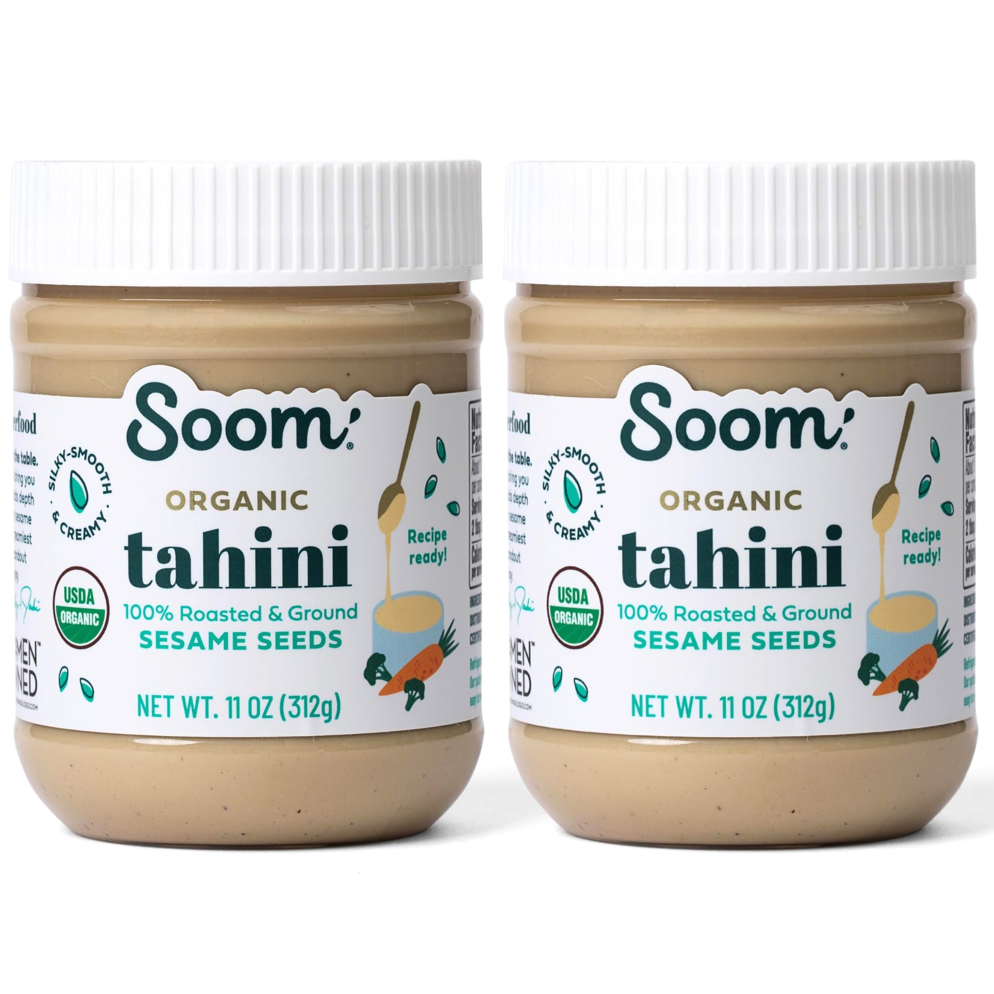 Soom Foods Organic Tahini 11Oz (2 Pack) | Roasted & Ground Sesame Seed Paste | Creamy Texture For Hummus, Sauces, Dips, Dressings | Vegan, Peanut-Free, Nut-Free, Gluten-Free, Dairy-Free, Keto, Paleo, Kosher | All-Natural
