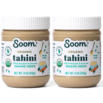 Soom Foods Organic Tahini 11Oz (2 Pack) | Roasted & Ground Sesame Seed Paste | Creamy Texture For Hummus, Sauces, Dips, Dressings | Vegan, Peanut-Free, Nut-Free, Gluten-Free, Dairy-Free, Keto, Paleo, Kosher | All-Natural