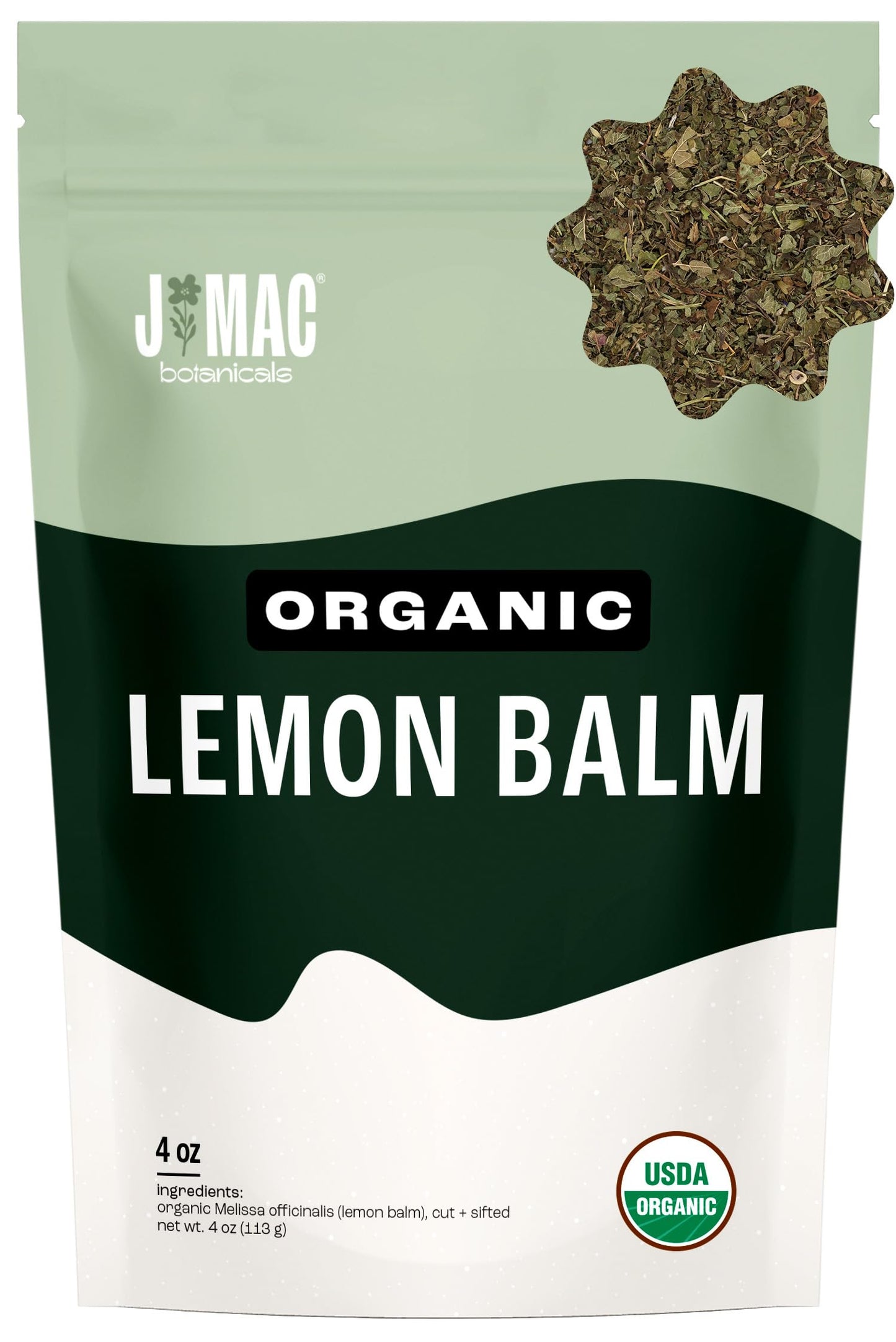 J MAC BOTANICALS Organic Lemon Balm Loose Leaf Tea, Dried Herbal Infusion, 4 oz