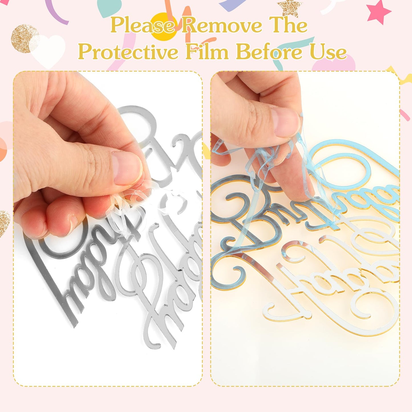 Lusofie 6 PCS Happy Birthday Cake Toppers, Silver Acrylic Glitter, Suitable for Cakes Above 4 Inches