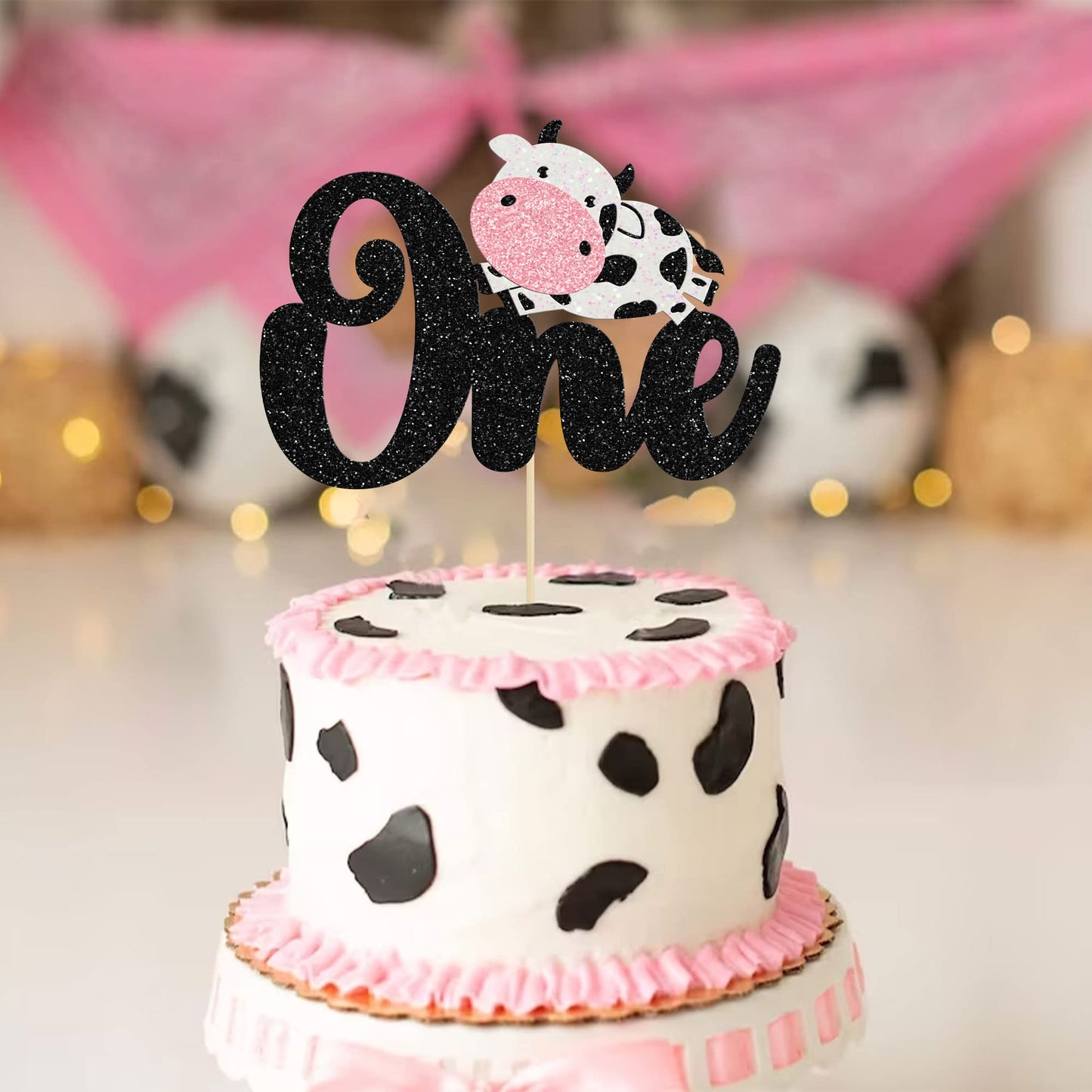 Gyufise 1Pc Cow One Cake Topper Glitter Farm Animals First Birthday Cake Topper Decorations For Baby Shower Kids Boys Girls 1St