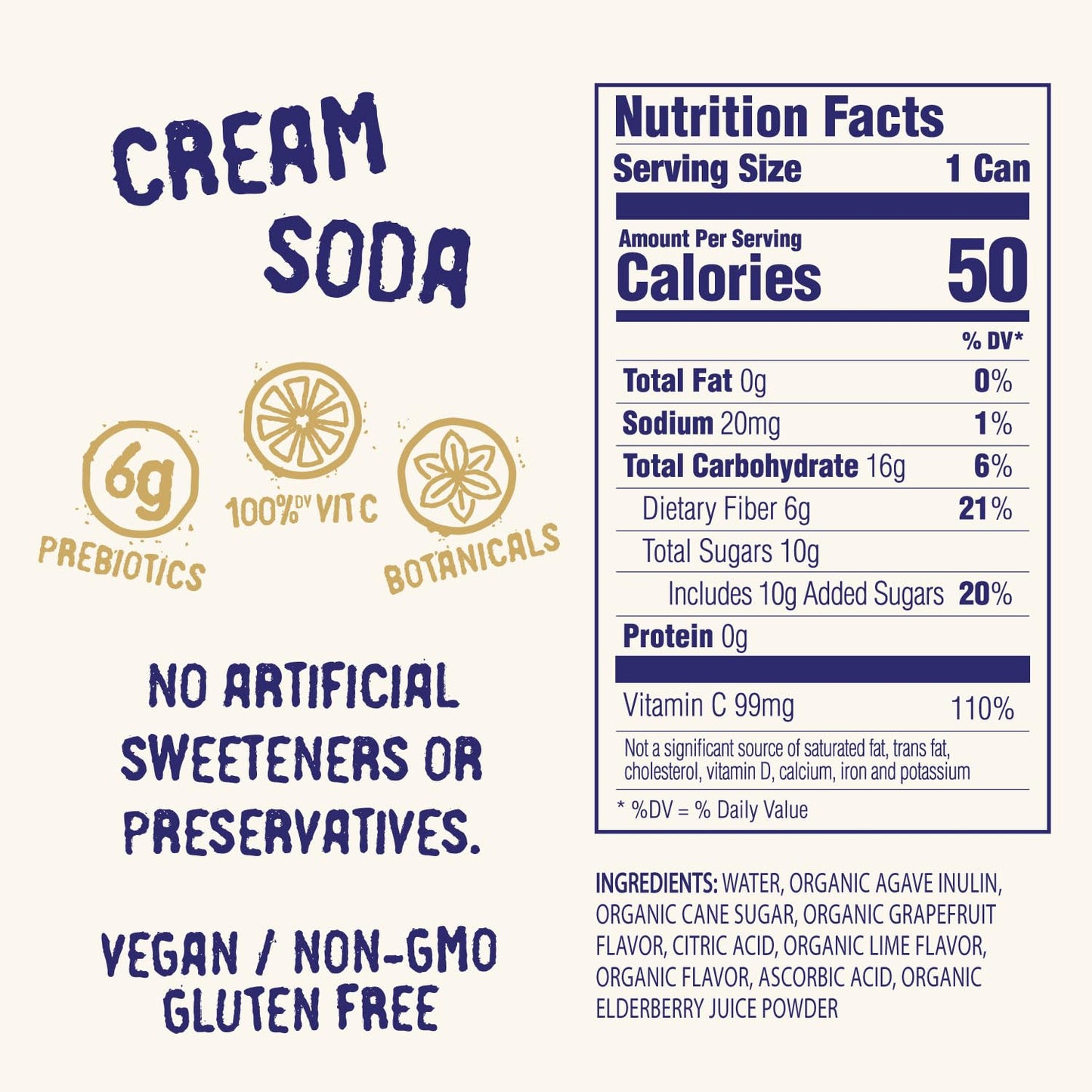 Daytrip Organic Sparkling Prebiotic Soda, Low Sugar, 12-Pack, Cream Soda