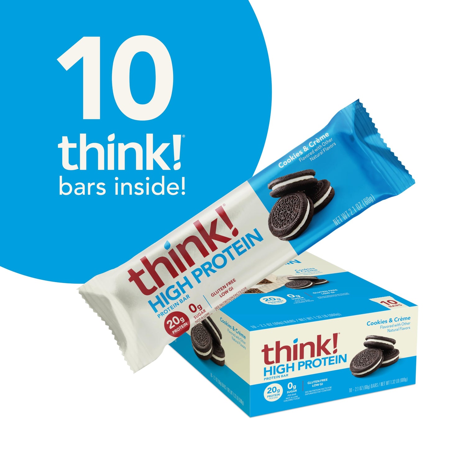 think! Protein Bars, High Protein Snacks, Gluten Free, Kosher Friendly, Cookies and Crme, Nutrition Bars, 2.1 Oz per Bar, 10 Cou