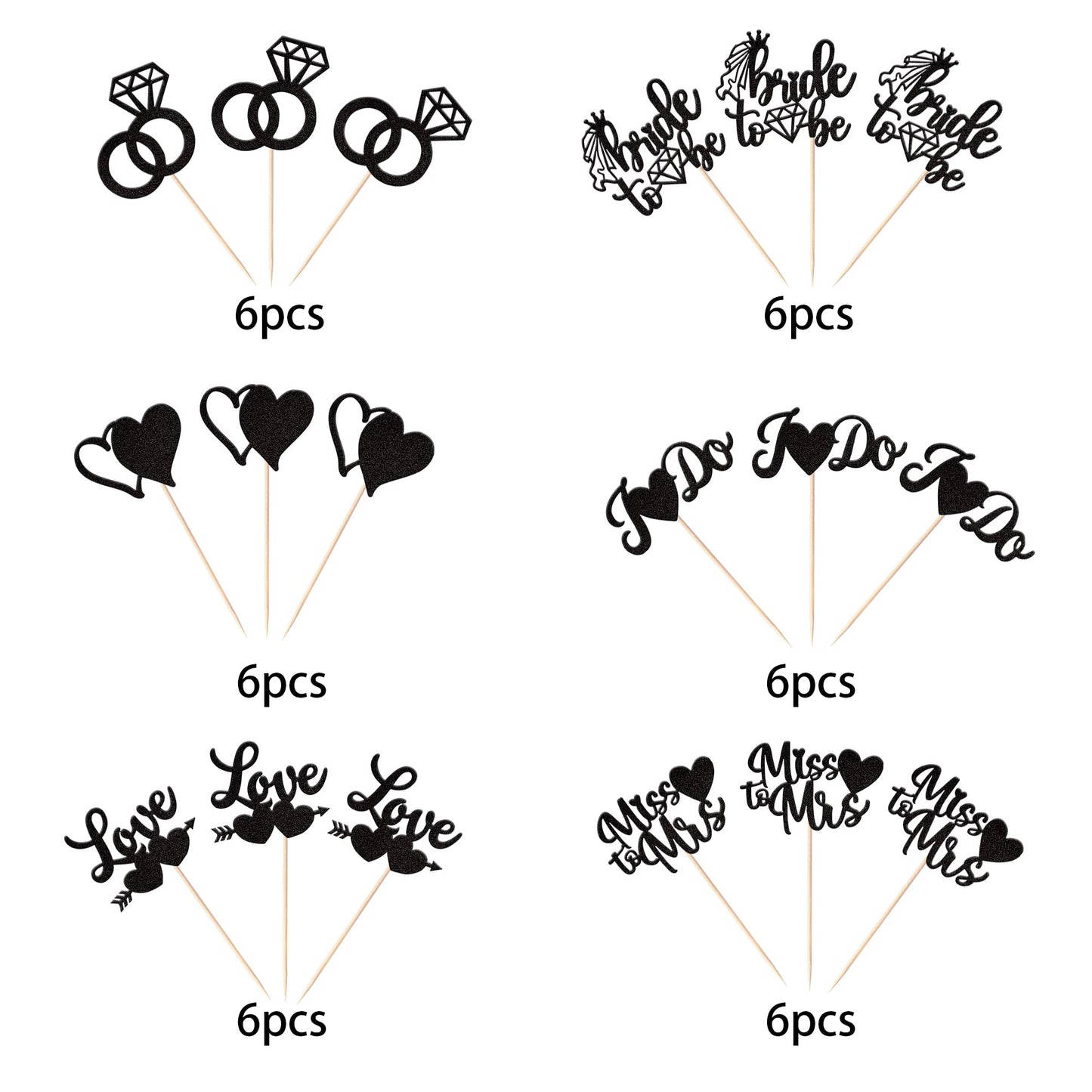 YCTHUNFISH 36 Pack Bridal Shower Cupcake Toppers Glitter Diamond Ring Black Bamboo Picks