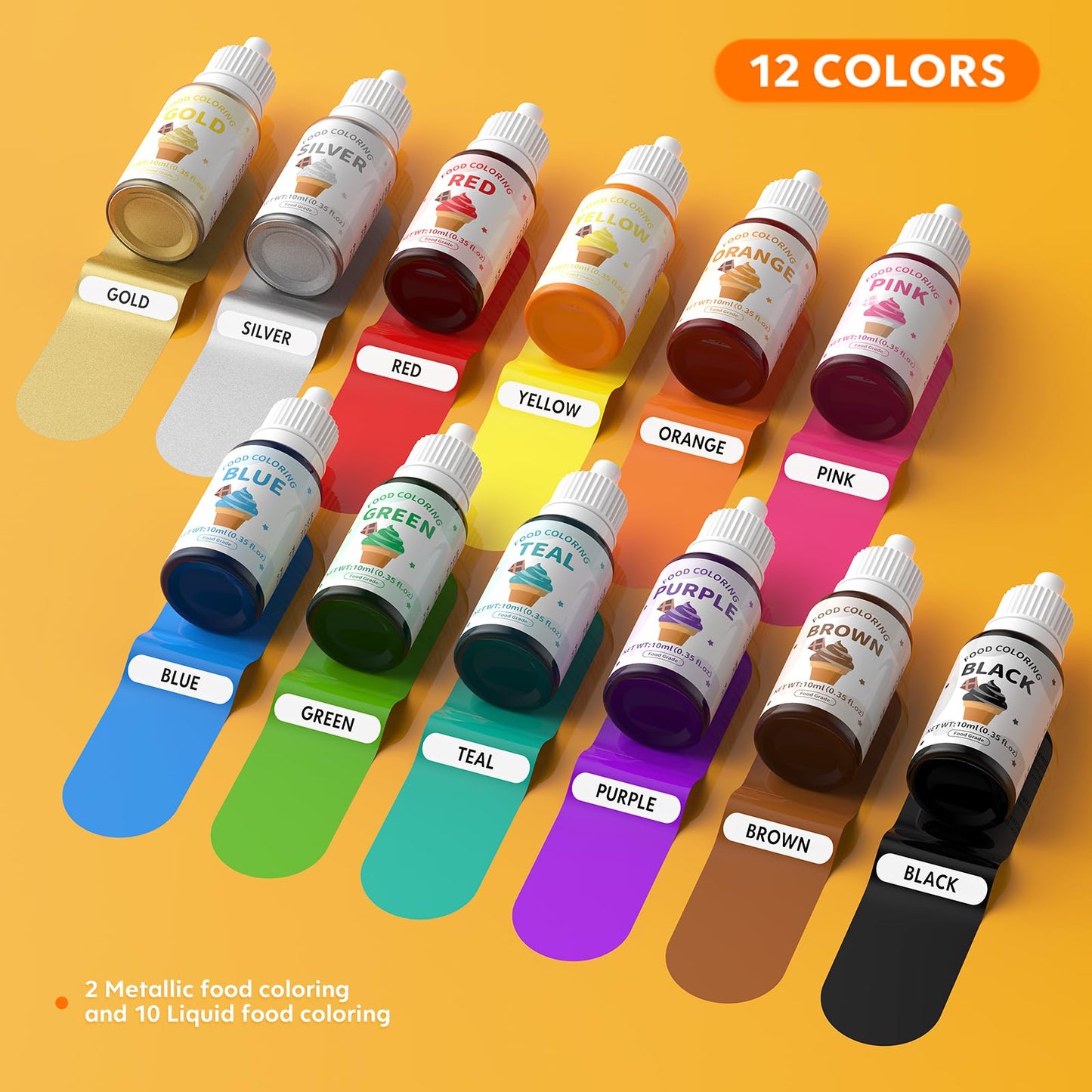 12 Food Coloring Set,10 Colors Vibrant Food Dye & 2 Edible Metallic Gold Paint Food Grade Tasteless Liquid Baking Food Coloring